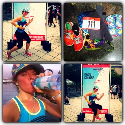 A few pics from the race. My gear all gathered in one place the morning of, downing some water immediately post race, and a few posed pics in front of the race course. 